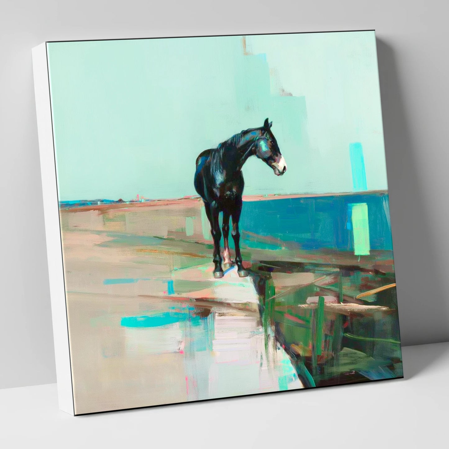 Silent Teal Horizon horse landscape canvas wall art