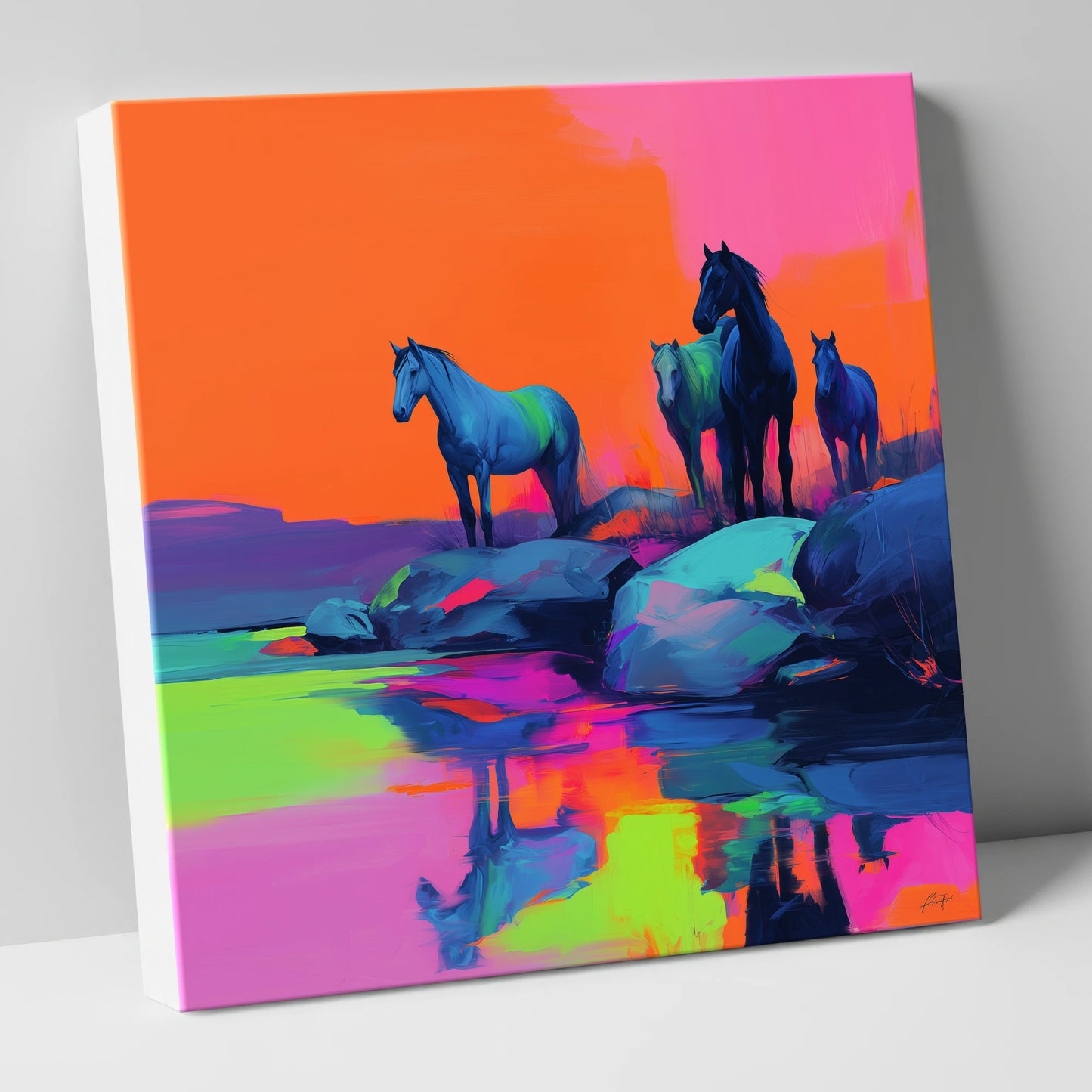 Neon Horizon Horses wild horses canvas wall art
