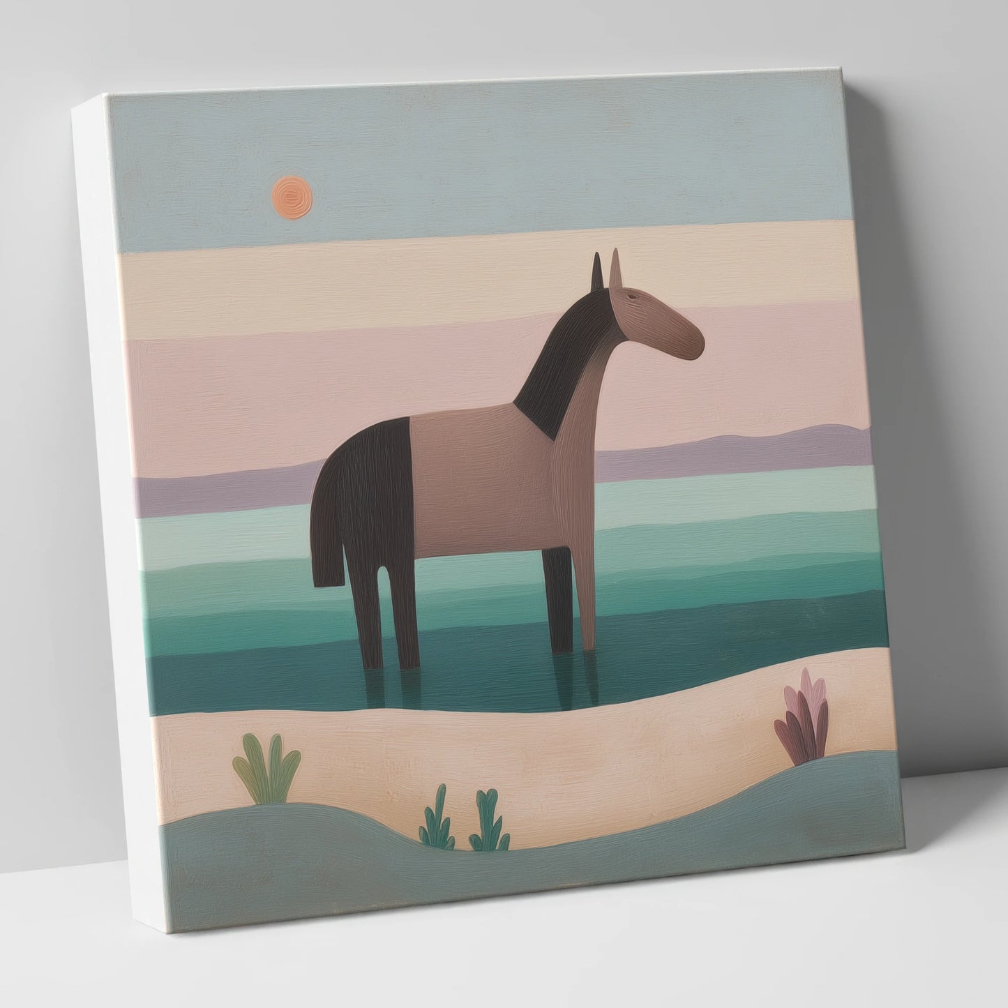 Stillness in the Shallows beach horse canvas wall art