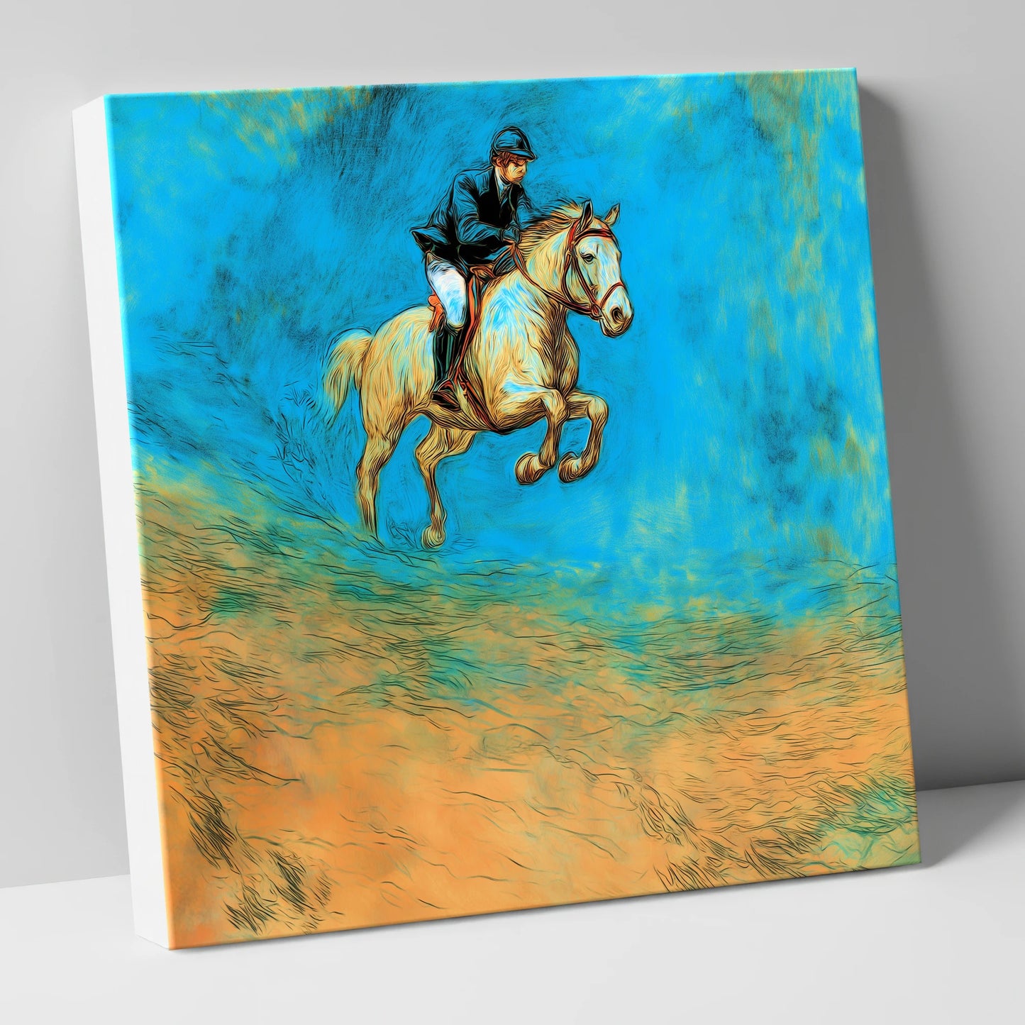 Flight in Cerulean show jumping horse canvas wall art