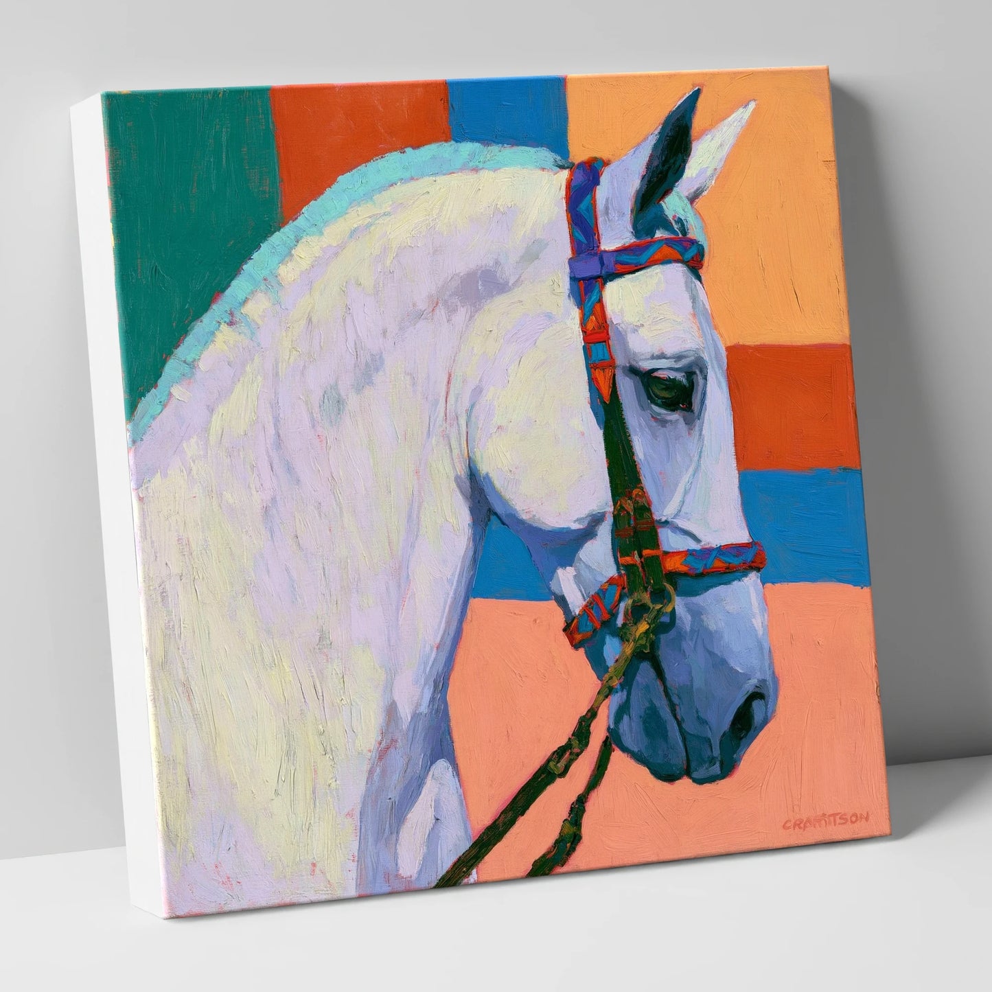 Grey Horse With Patterned Bridle horse breed canvas wall art