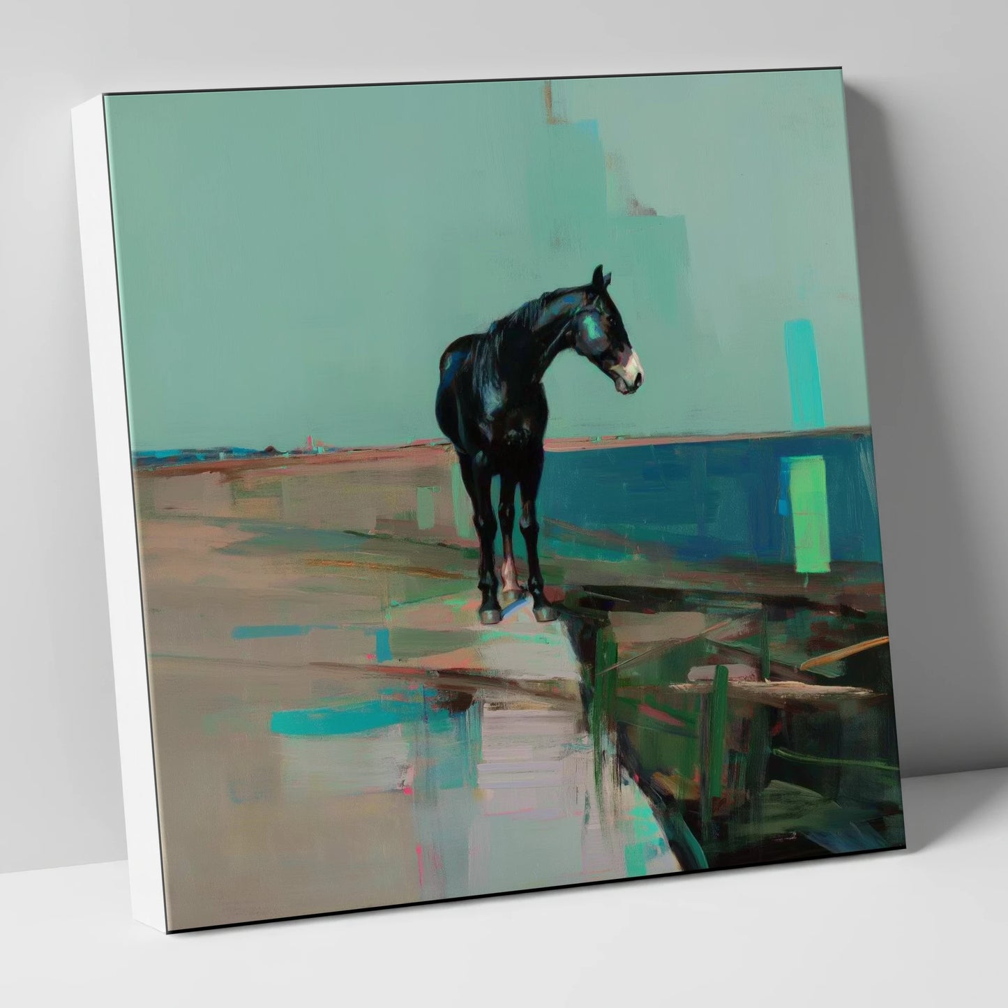 Silent Teal Horizon horse landscape canvas wall art