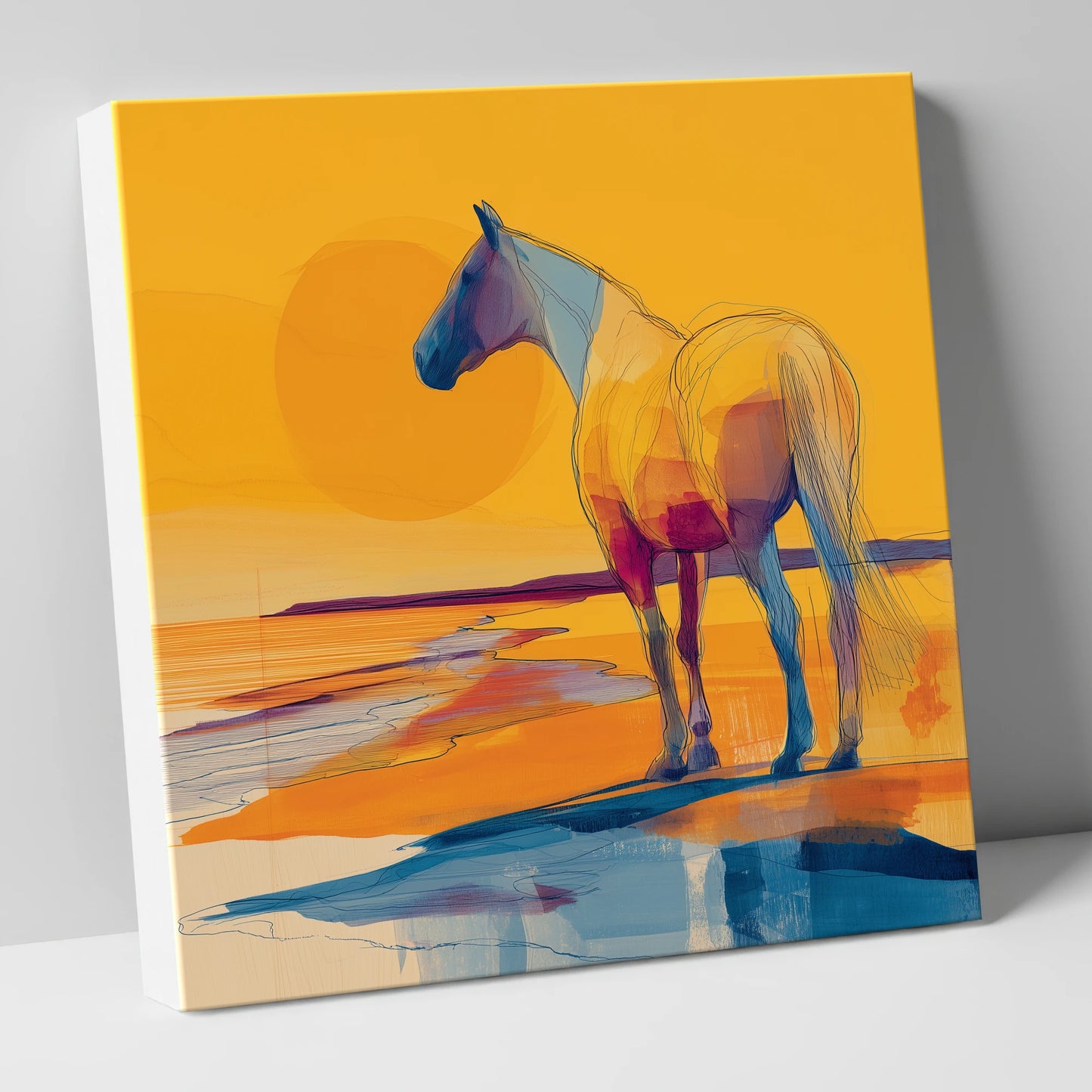 Golden Shoreline Silhouette horse landscape canvas wall art