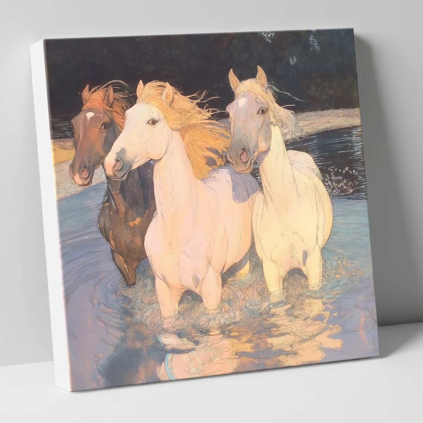 Three in the Shallows wild horses canvas wall art