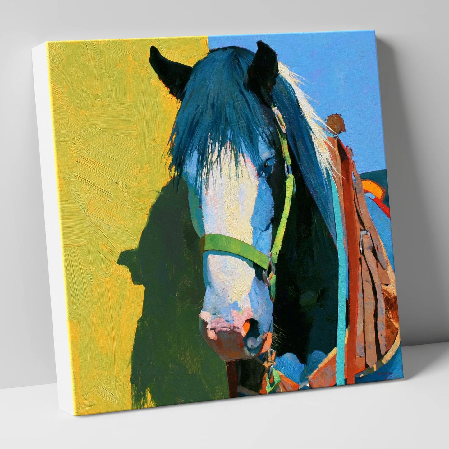 Tacked Horse Against Yellow Wall horse breed canvas wall art