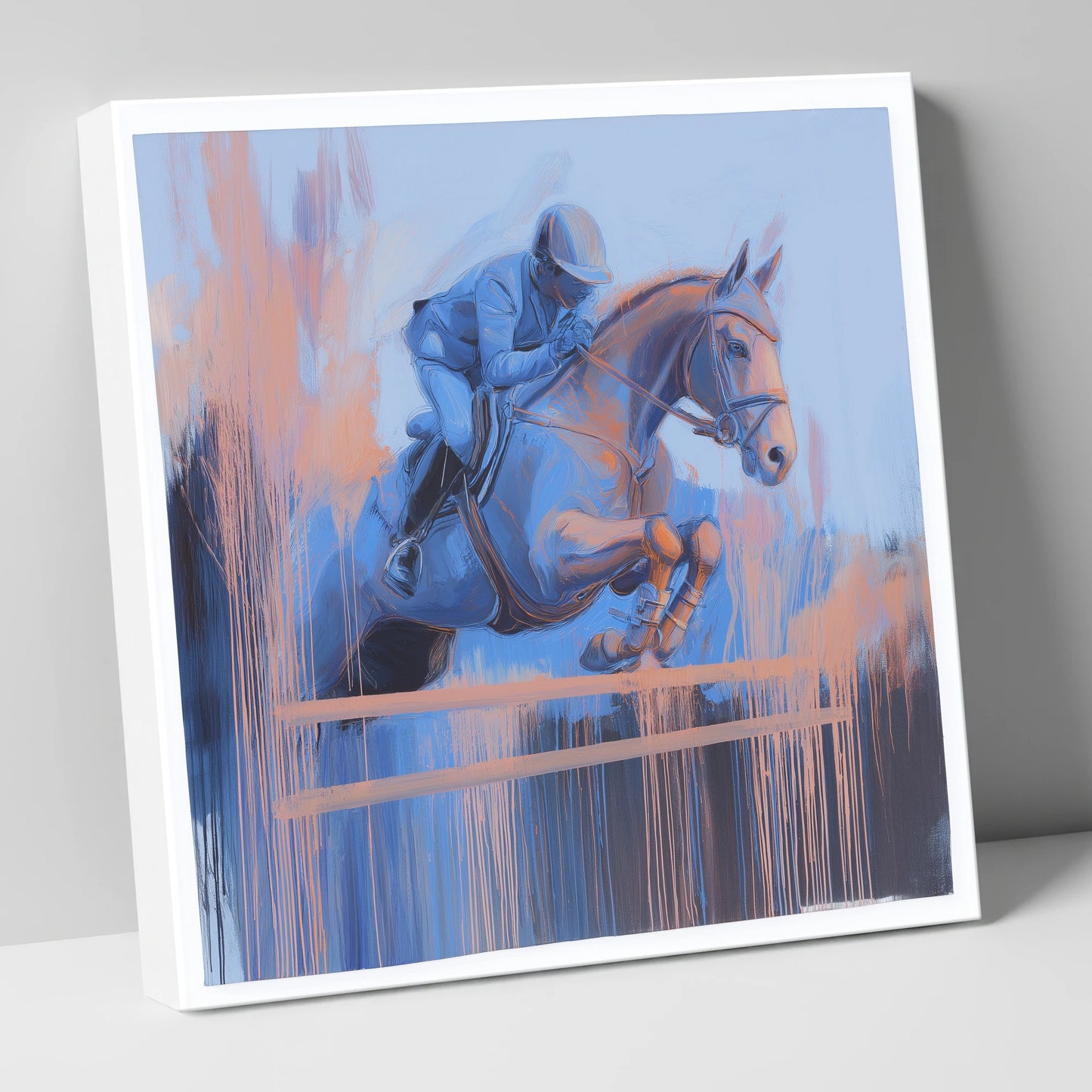 Momentum in Blue and Peach show jumping horse canvas wall art