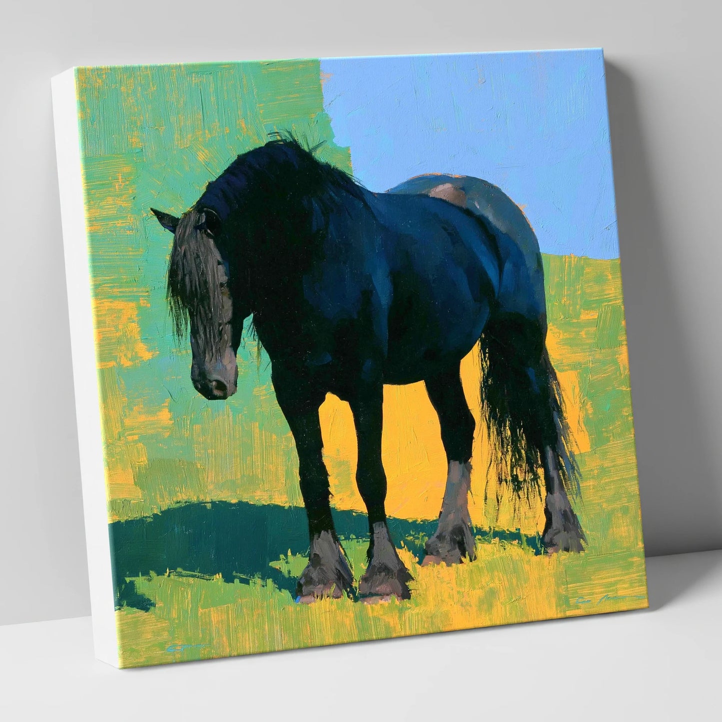Black Horse Against Vibrant Yellow horse breed canvas wall art