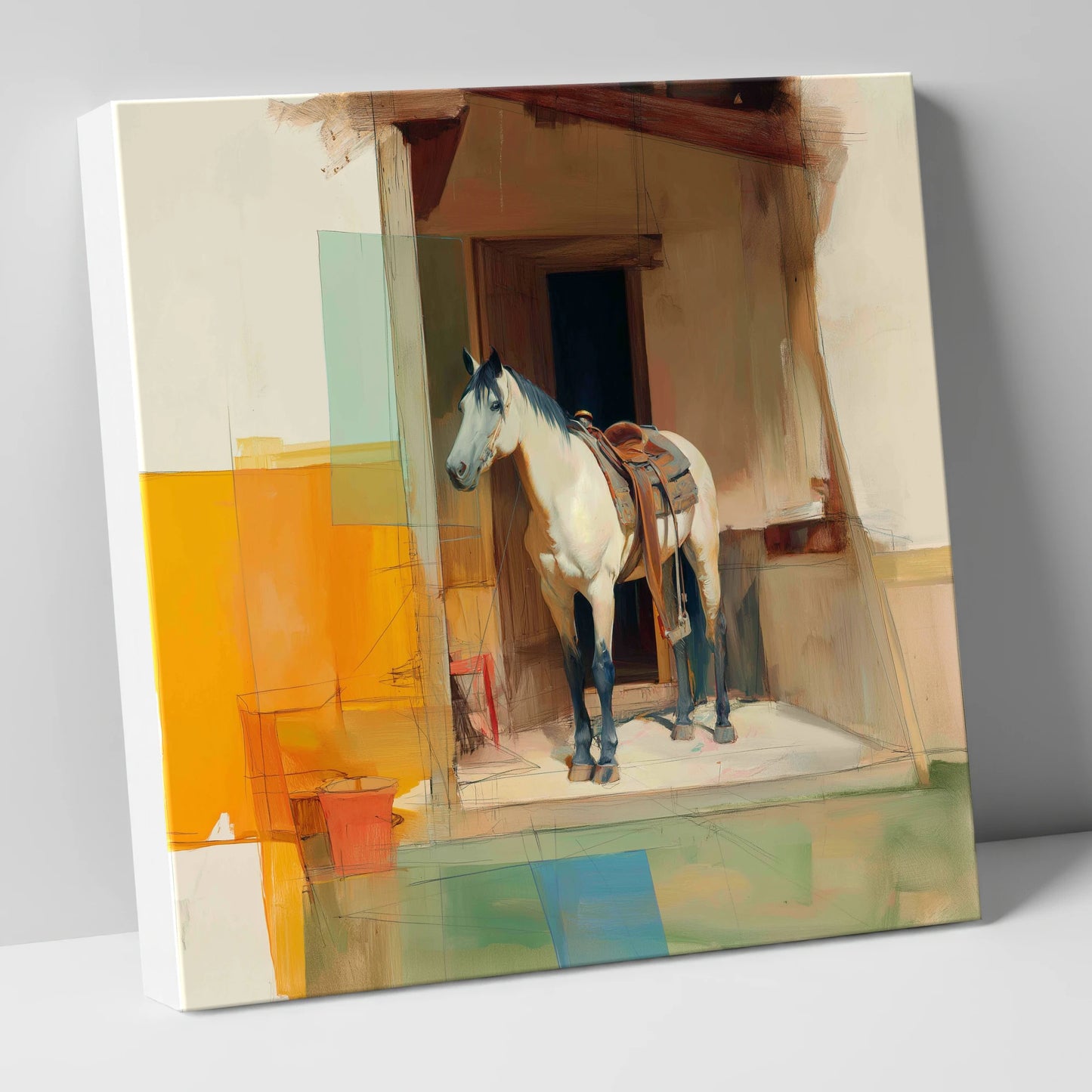 The Waiting Grey horse stable canvas wall art