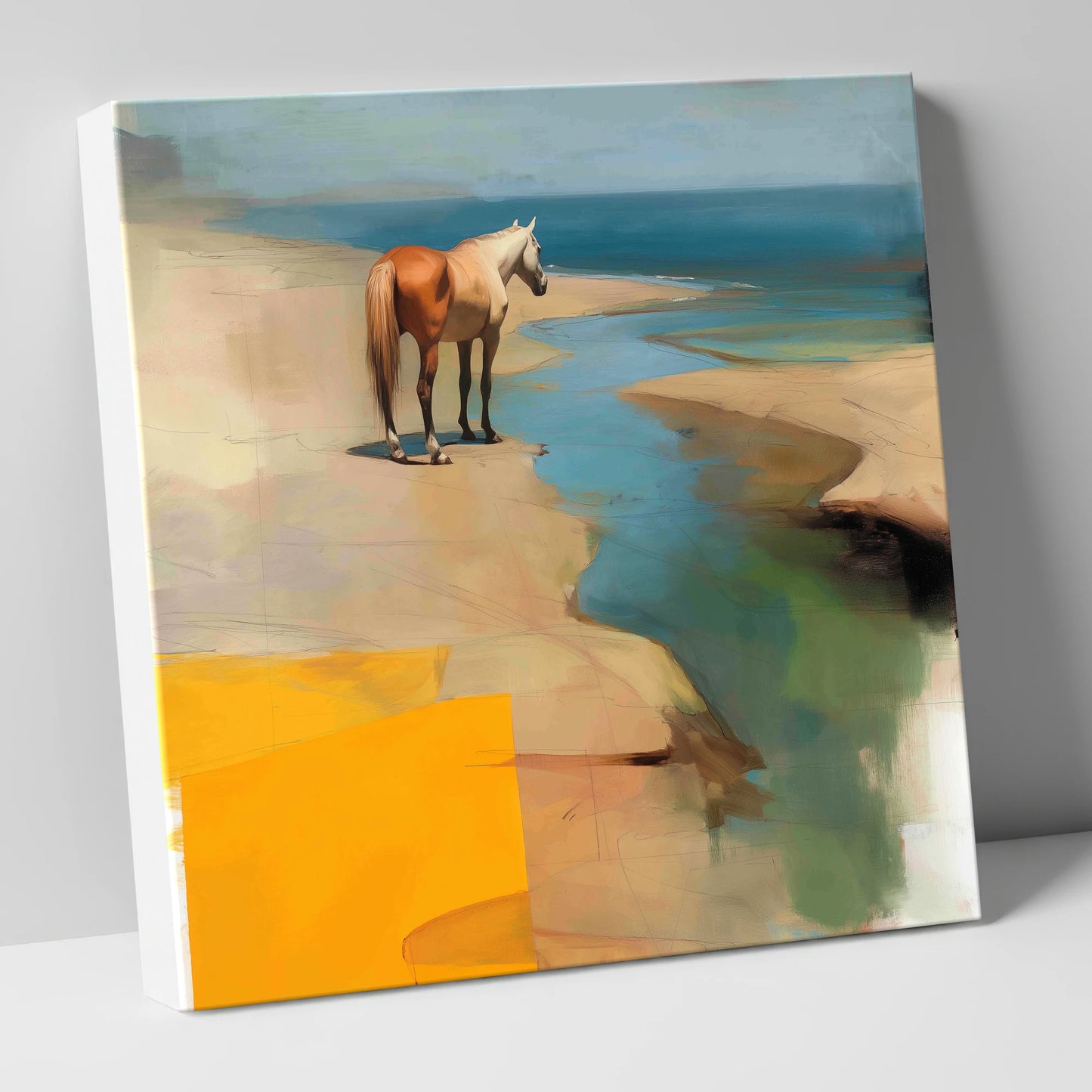 Golden Shoreline Solitude horse landscape canvas wall art