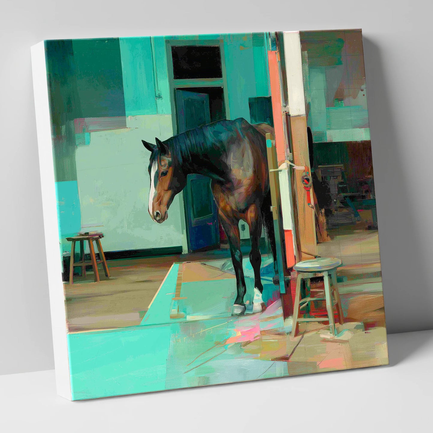 Quiet Yard in Teal horse stable canvas wall art