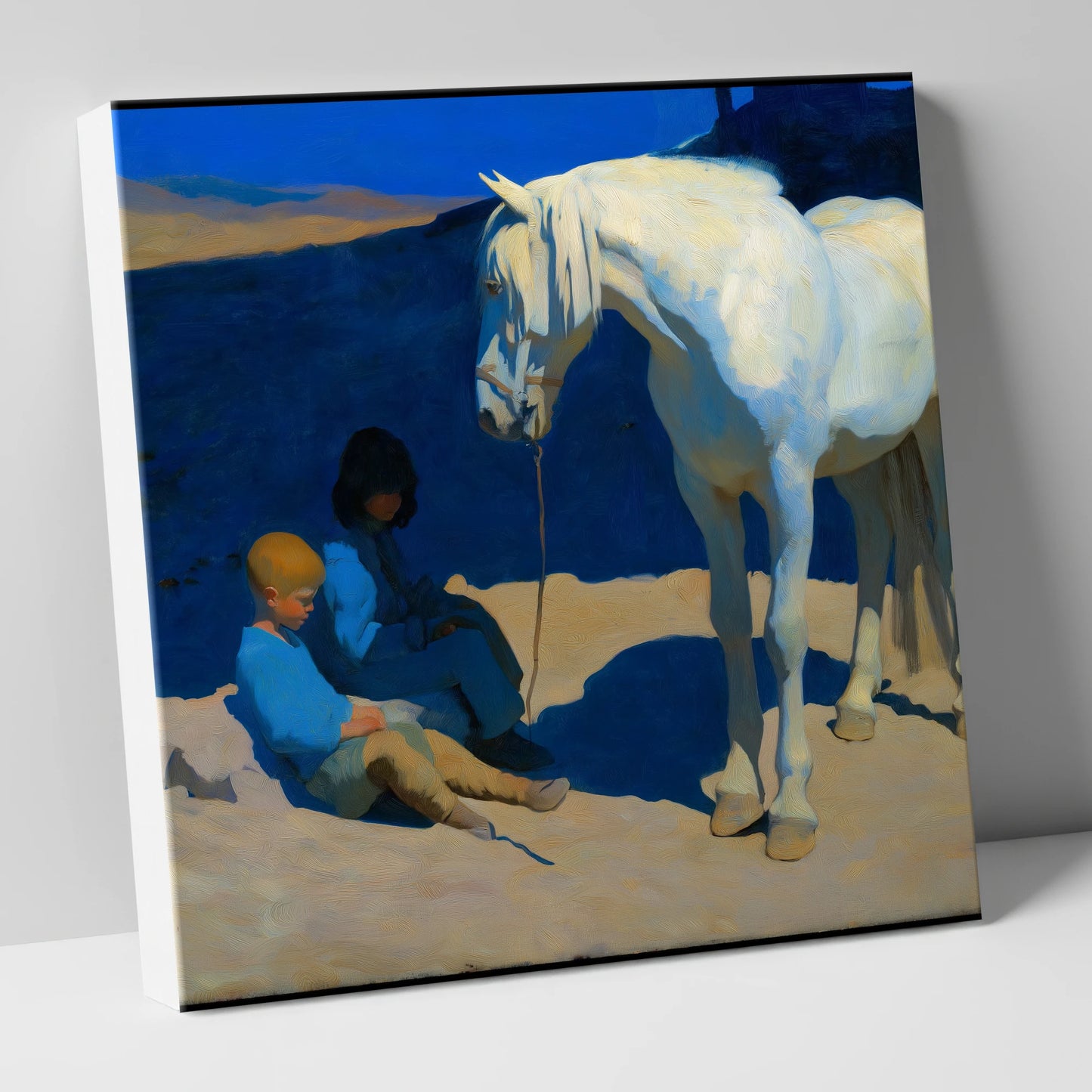 Azure and Ivory Bond horse & rider canvas wall art