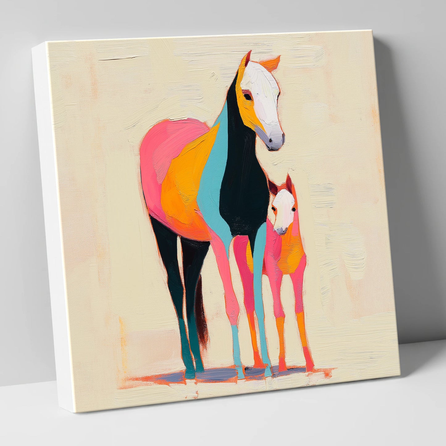Vibrant Painted Bond mare & foal canvas wall art