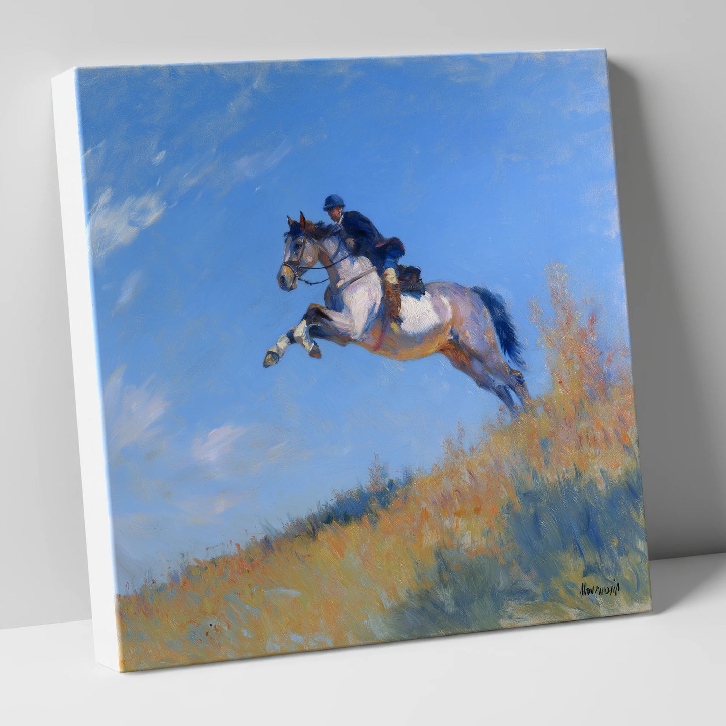 Leap Into the Blue show jumping horse canvas wall art