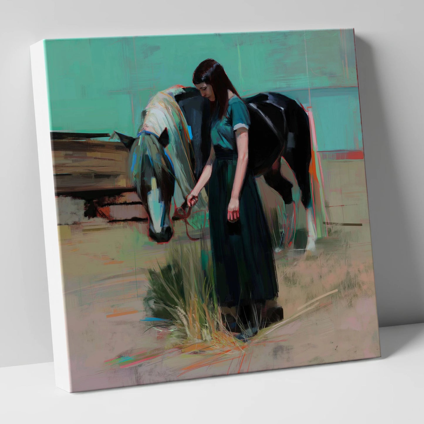 Stillness in Teal horse & rider canvas wall art