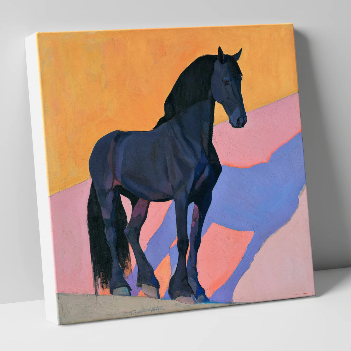 Black Friesian On Vibrant Orange horse breed canvas wall art