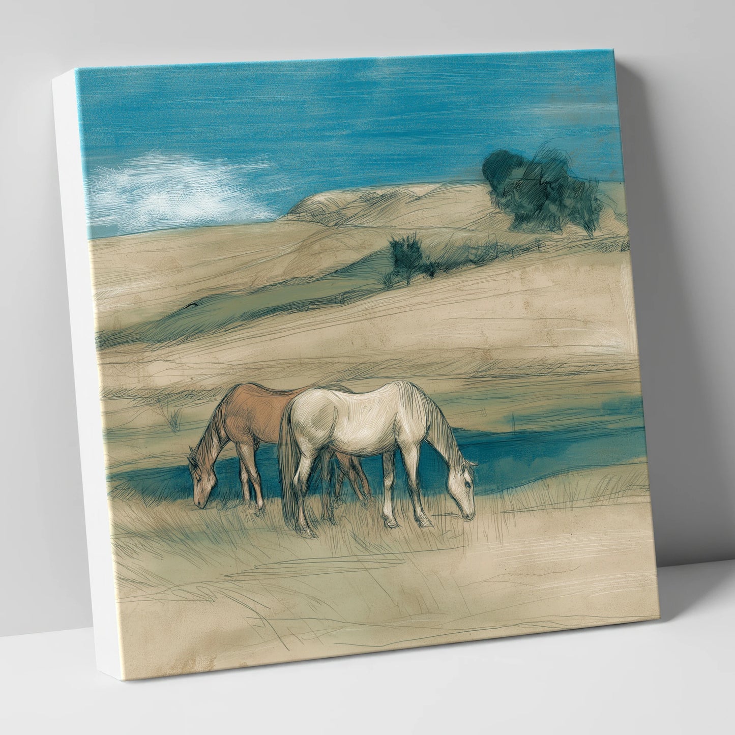 Grazing Beneath Teal Skies horse landscape canvas wall art