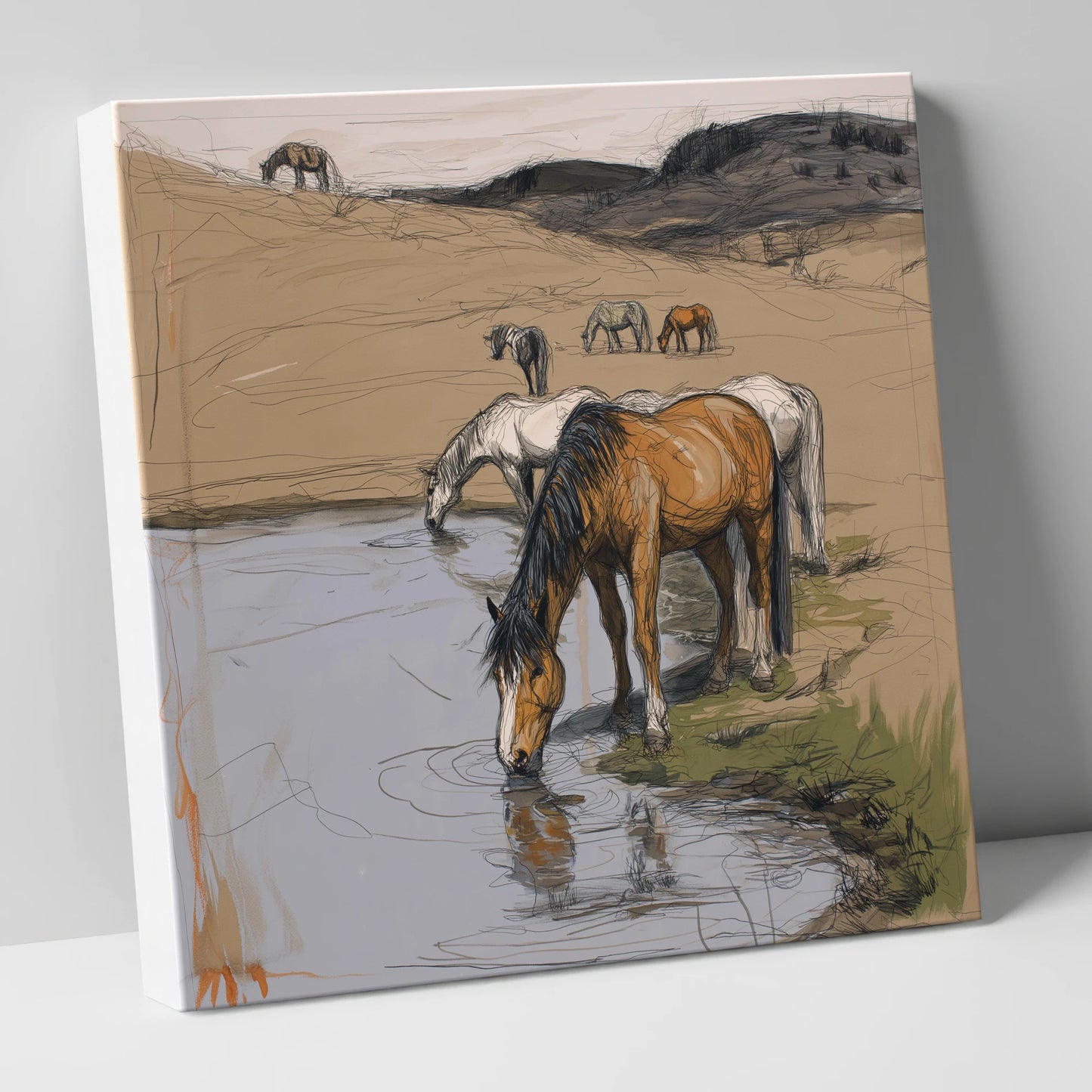 Quiet at the Waterhole wild horses canvas wall art