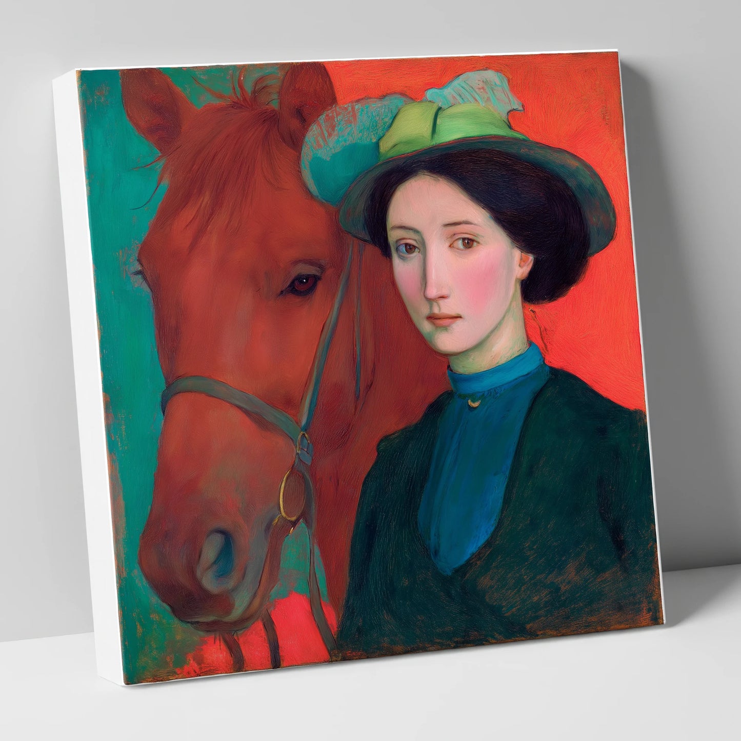 Crimson and Teal Bond horse & rider canvas wall art