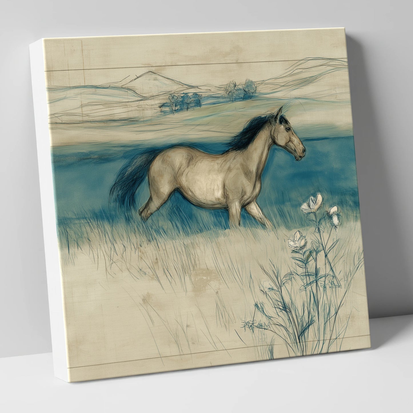 Teal Horizon Canter horse landscape canvas wall art
