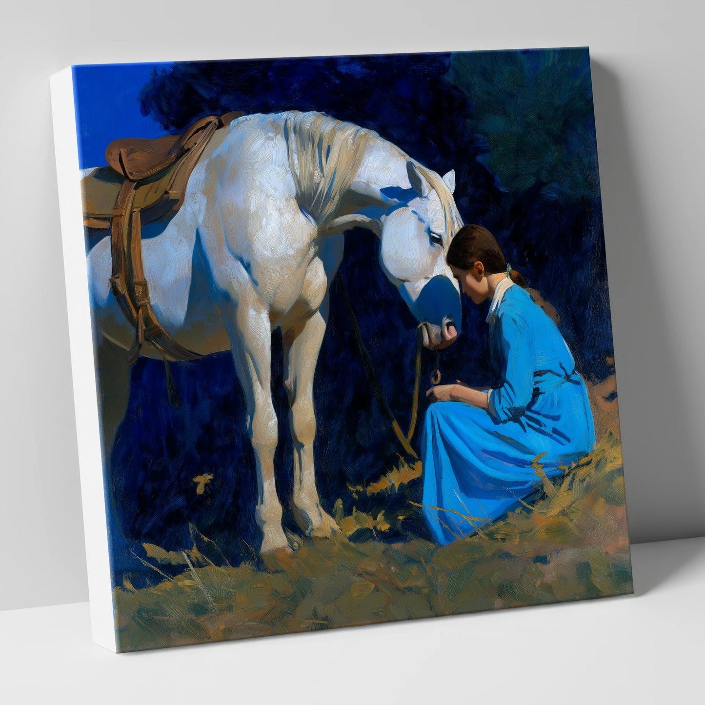 Bond in Blue and Gold horse & rider canvas wall art