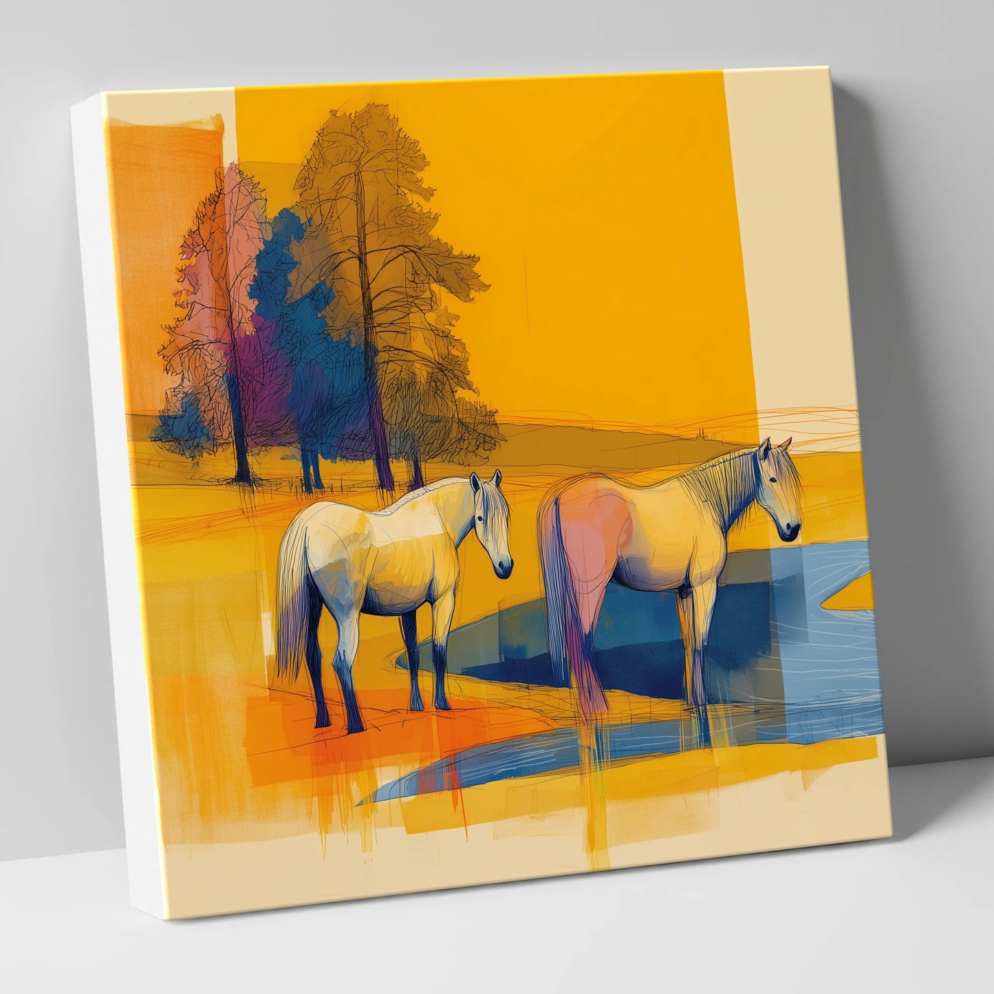 Abstract Golden Pasture horse landscape canvas wall art