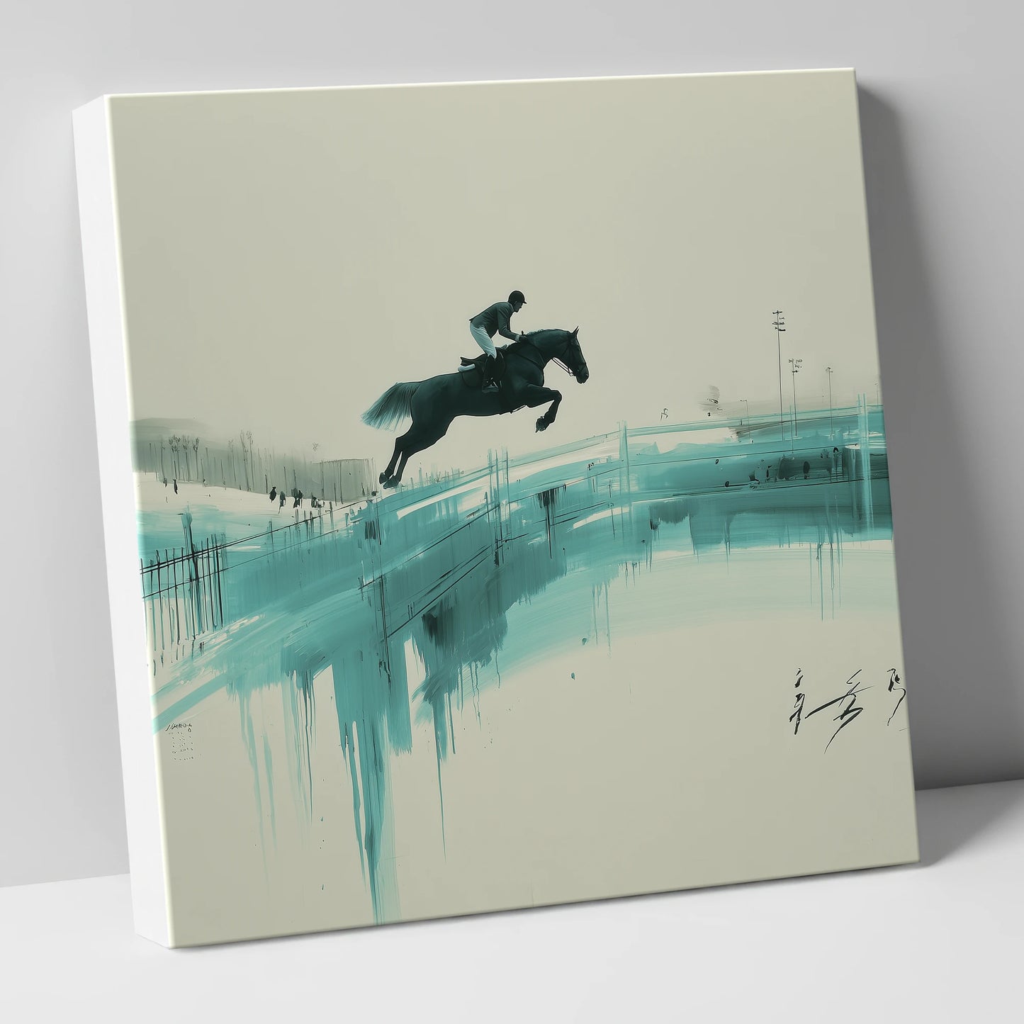 Airborne in Teal show jumping horse canvas wall art
