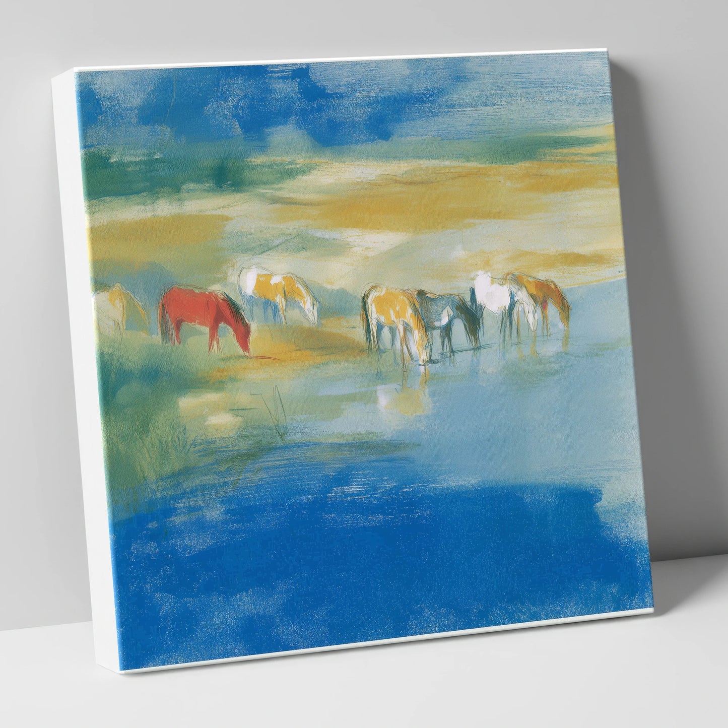 Vivid Watering Hole wild horses canvas wall art