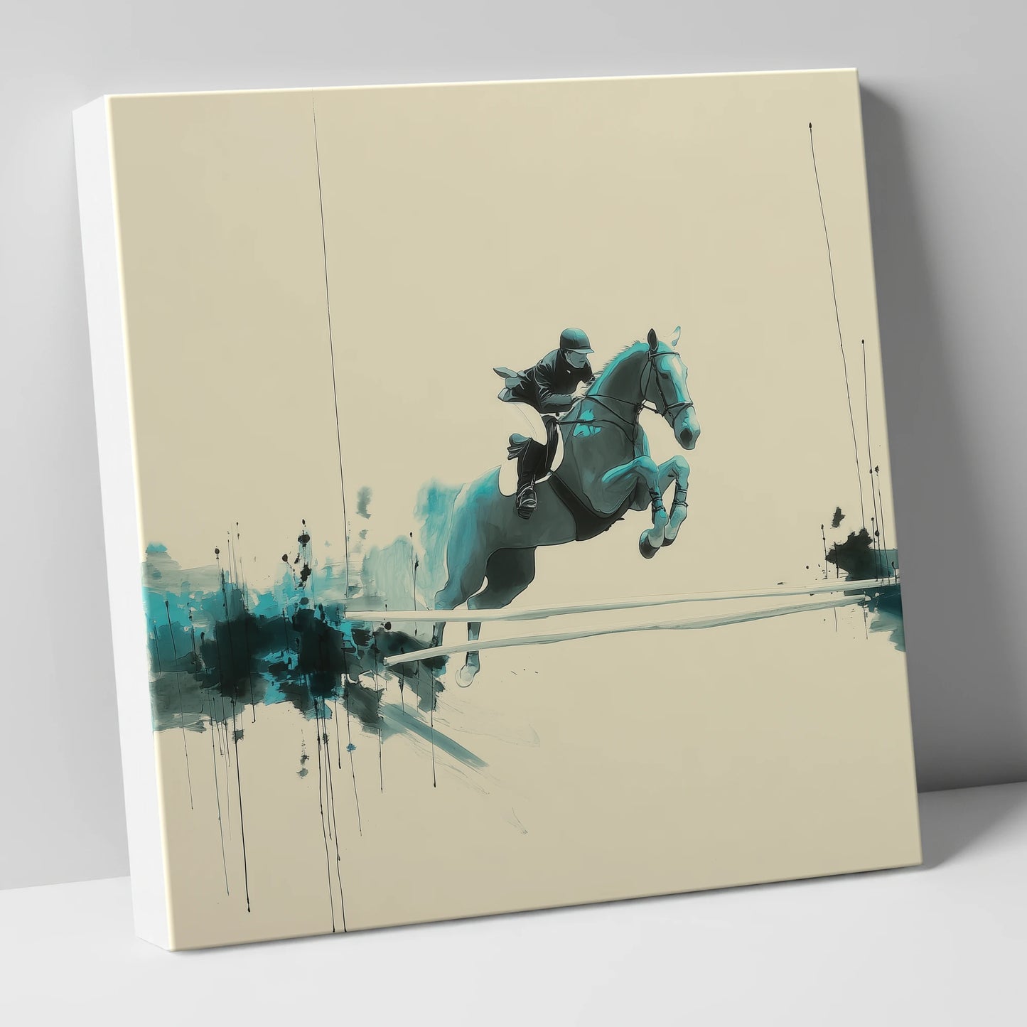 Airborne in Teal show jumping horse canvas wall art