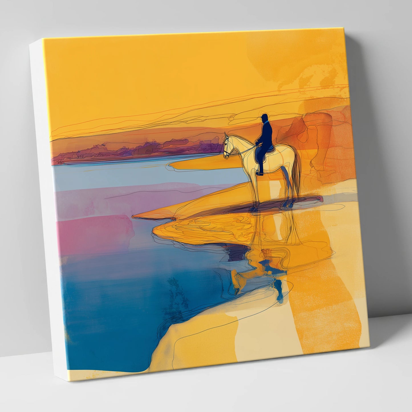 Golden Tide Silhouette beach horse canvas wall art