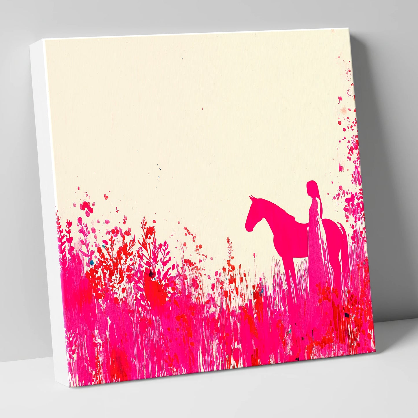 Vibrant Magenta Silhouette horse & rider canvas wall art