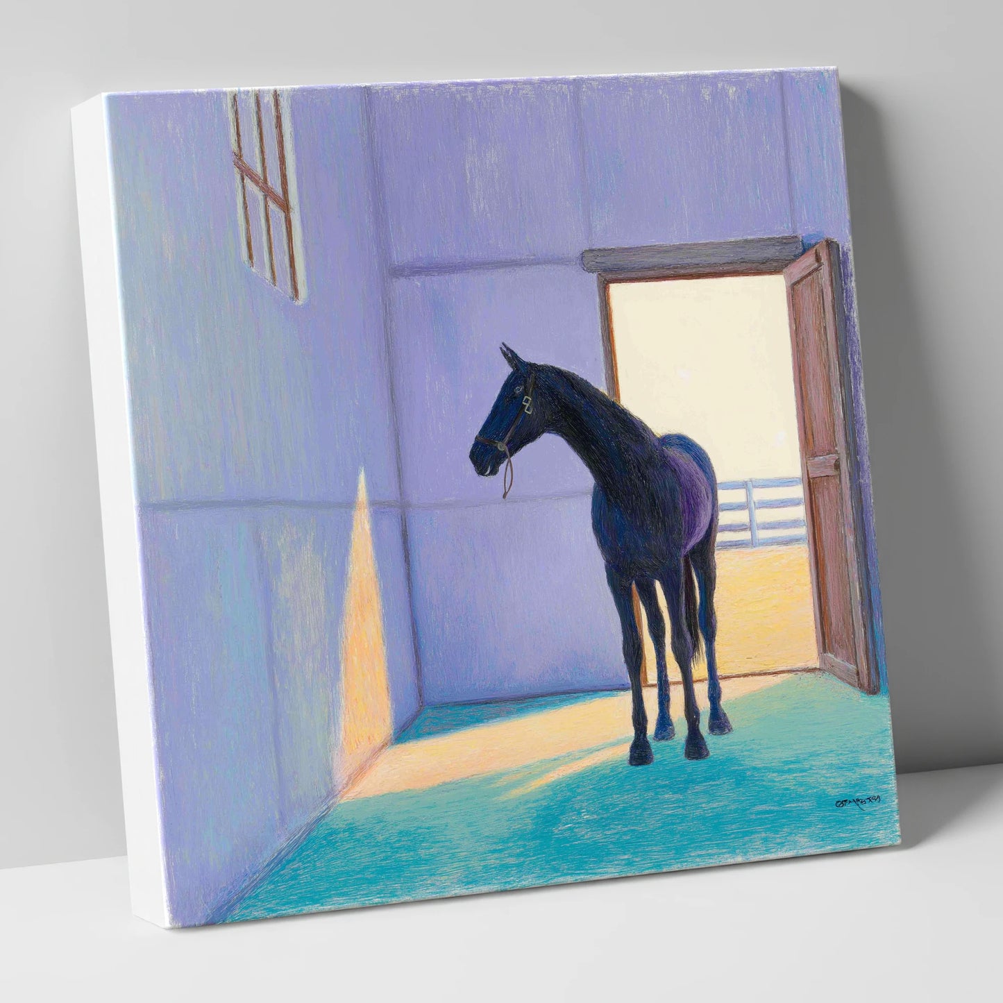 Sunlit Stable Shadows horse stable canvas wall art