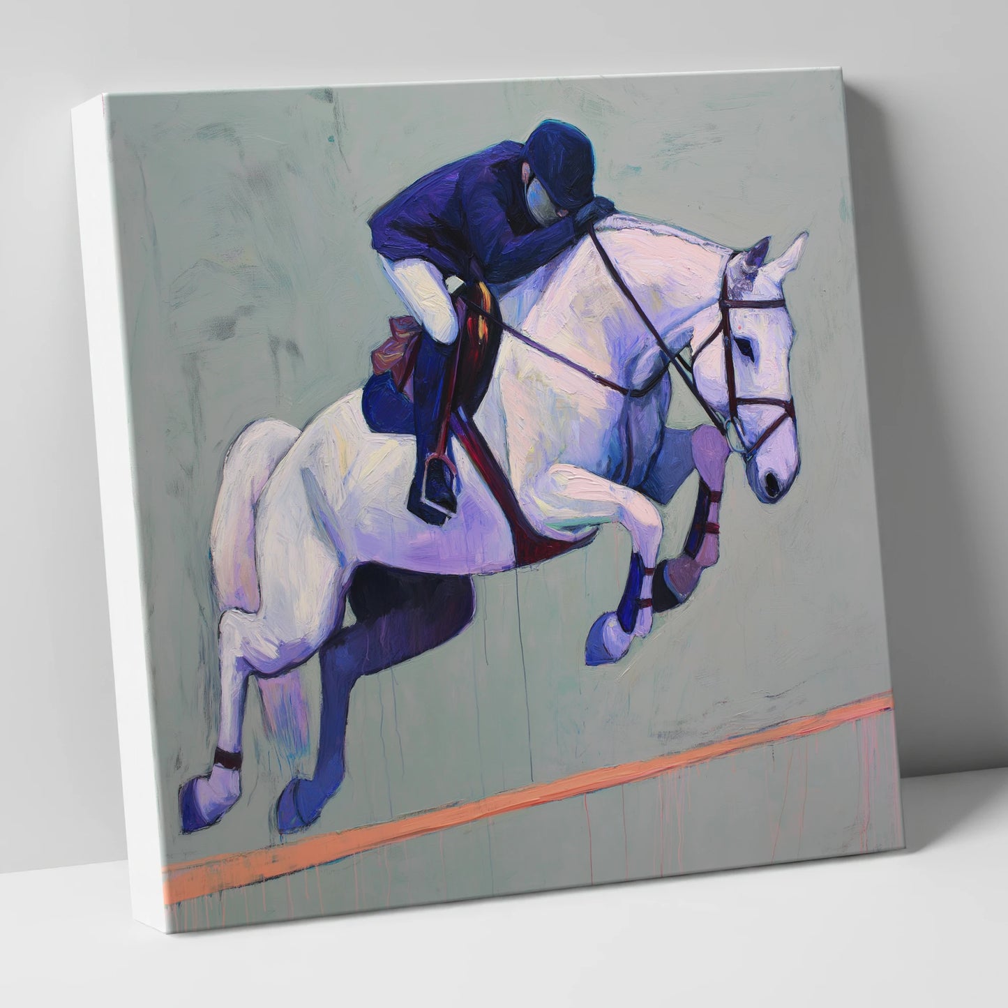 Suspended in Blue show jumping horse canvas wall art