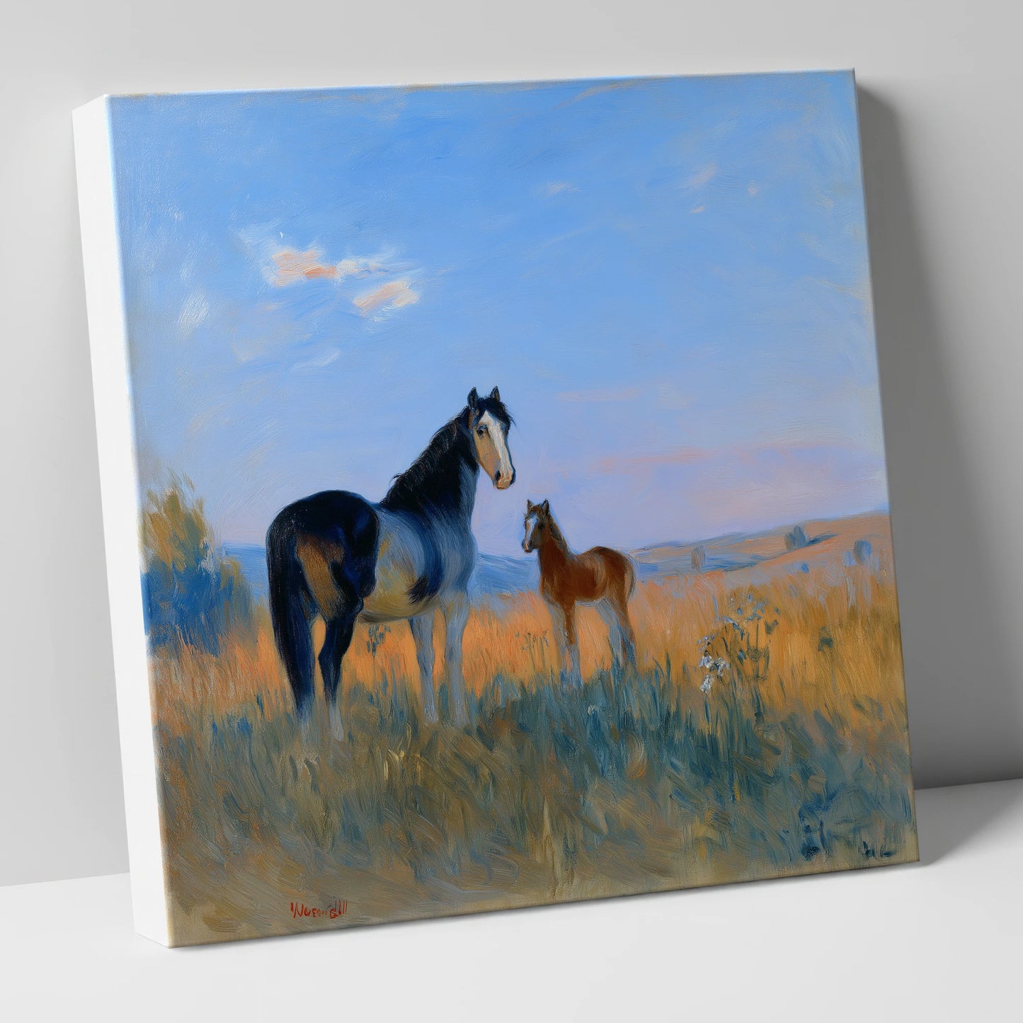 Luminous Pasture Bond mare & foal canvas wall art