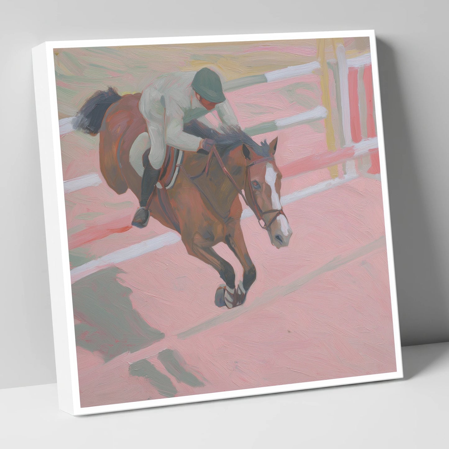 Suspended in Pink show jumping horse canvas wall art
