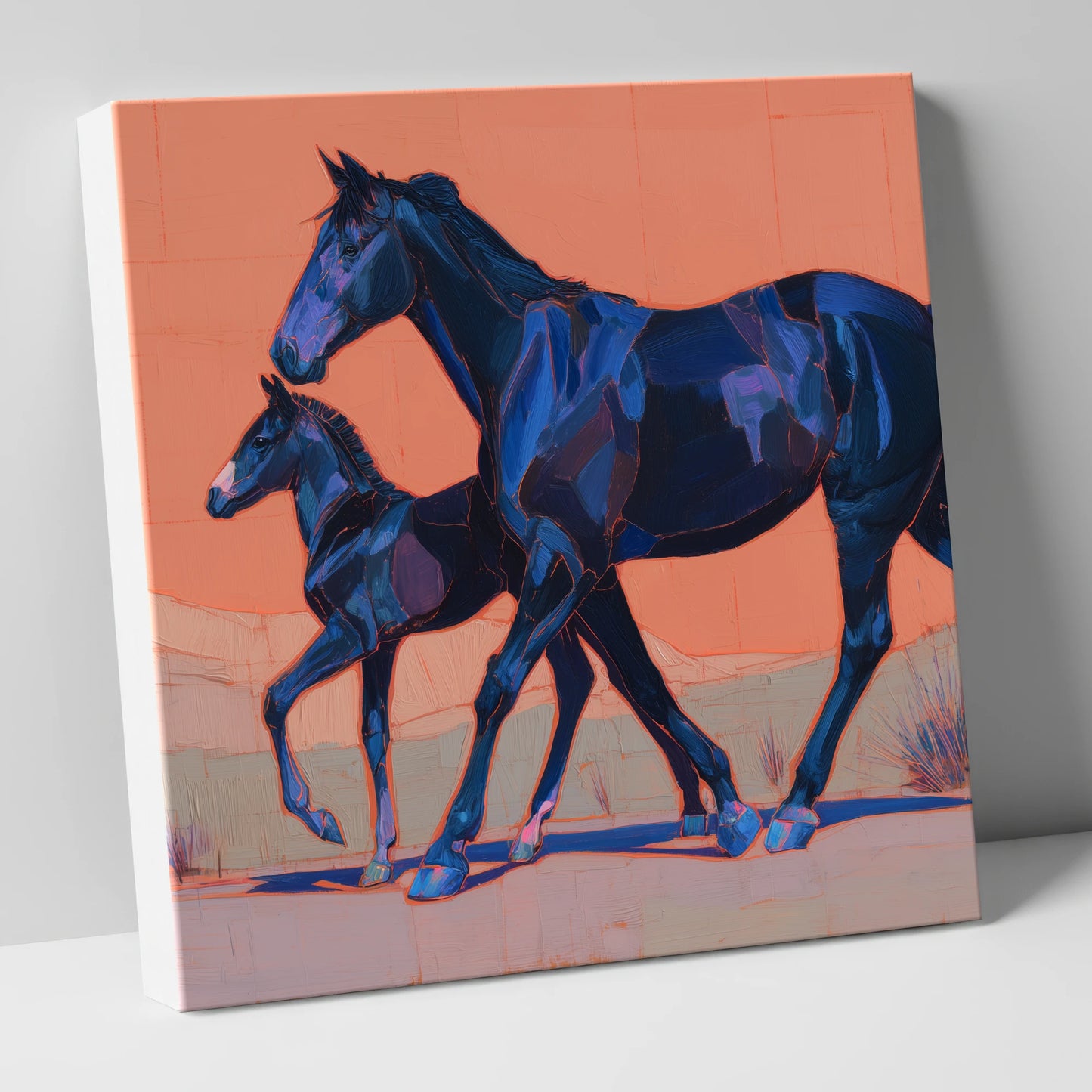 Bold Indigo Strides mare & foal canvas wall art