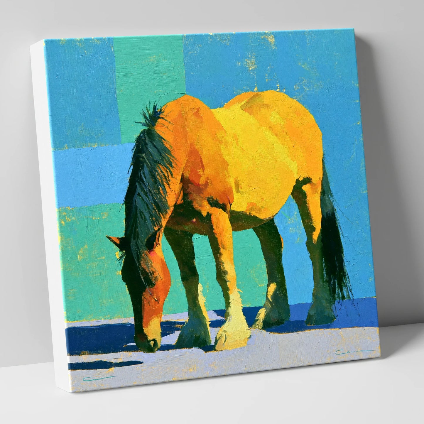 Vibrant Yellow Grazing Cob horse breed canvas wall art