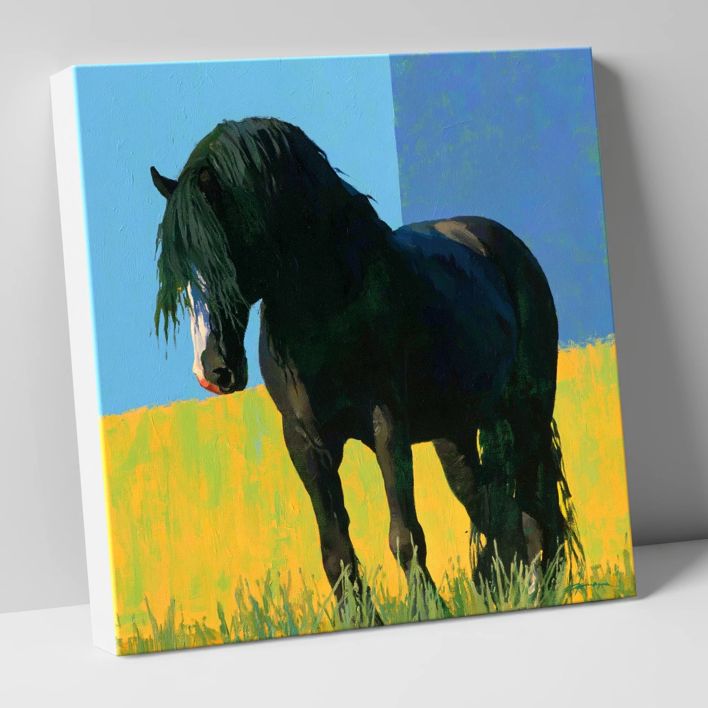 Black Cob in Yellow Field horse breed canvas wall art