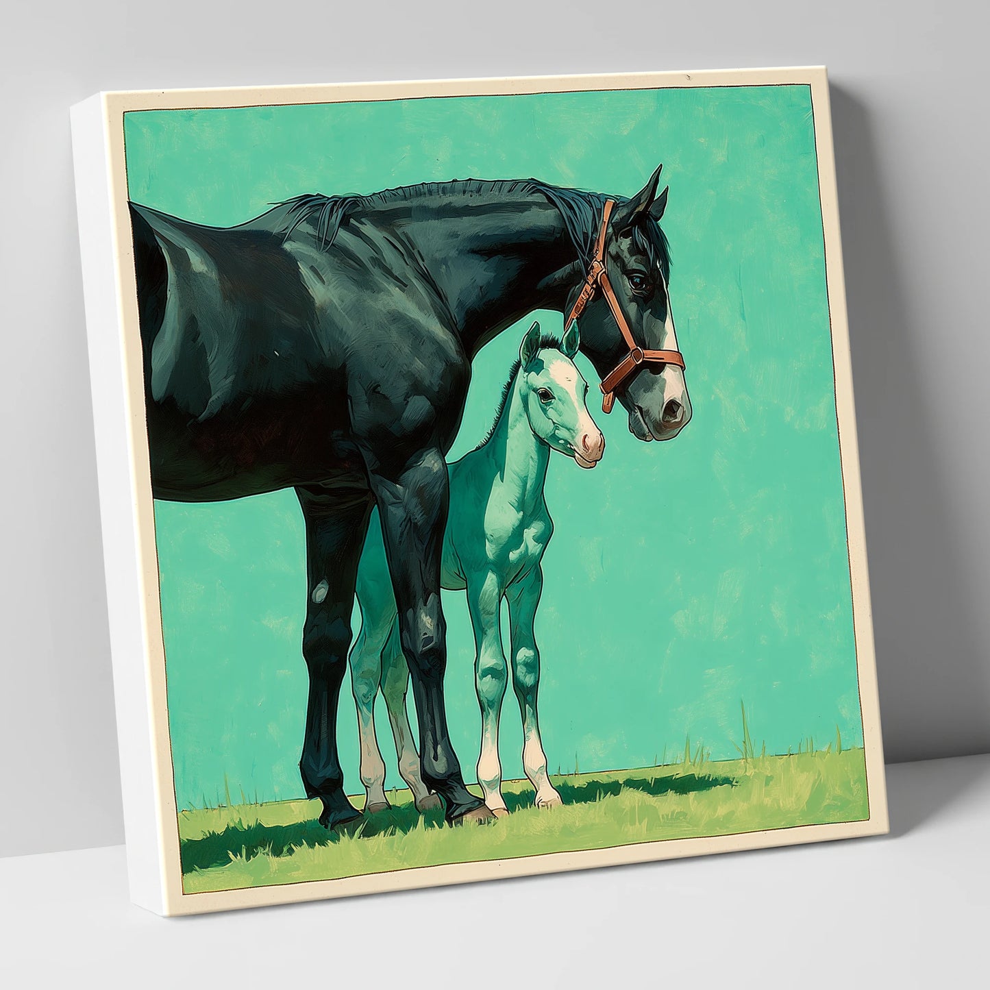 Bond in Vivid Teal mare & foal canvas wall art
