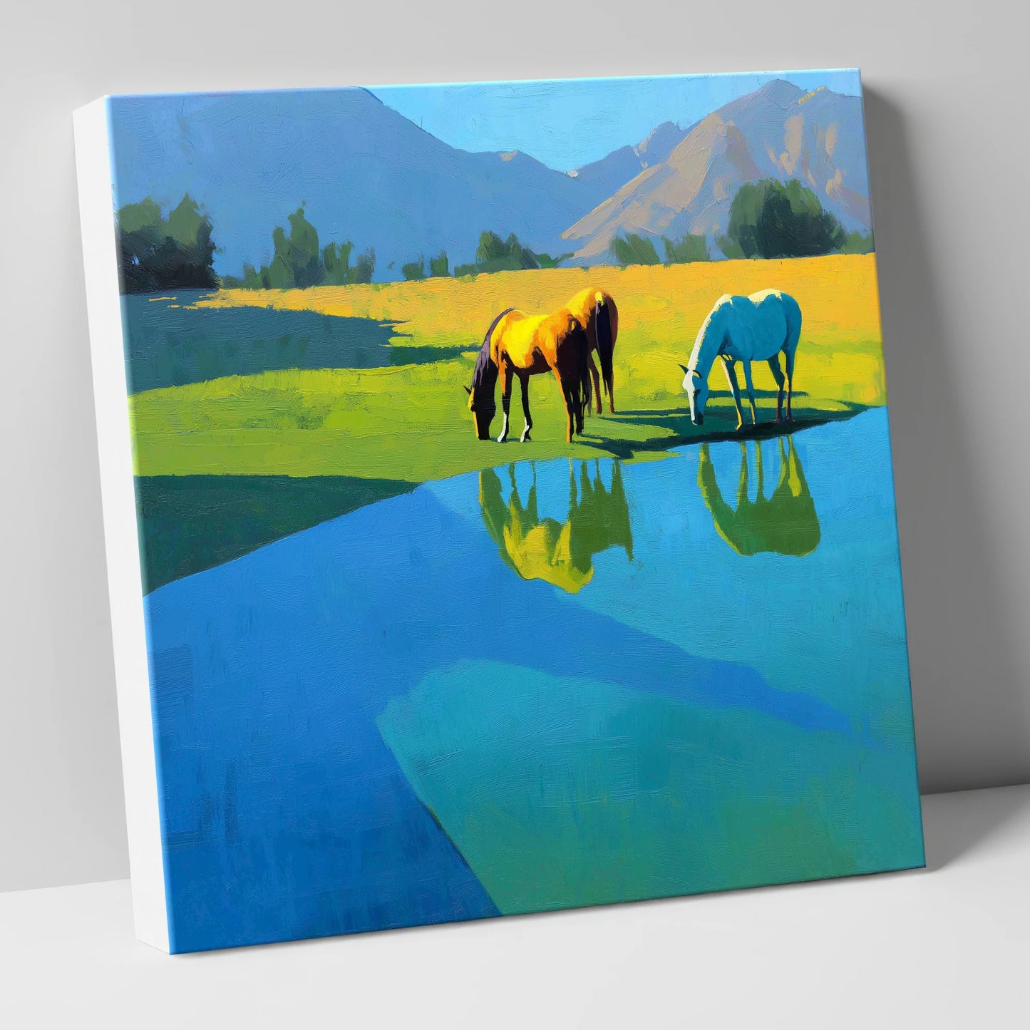 Sunlit Waterside Grazing wild horses canvas wall art