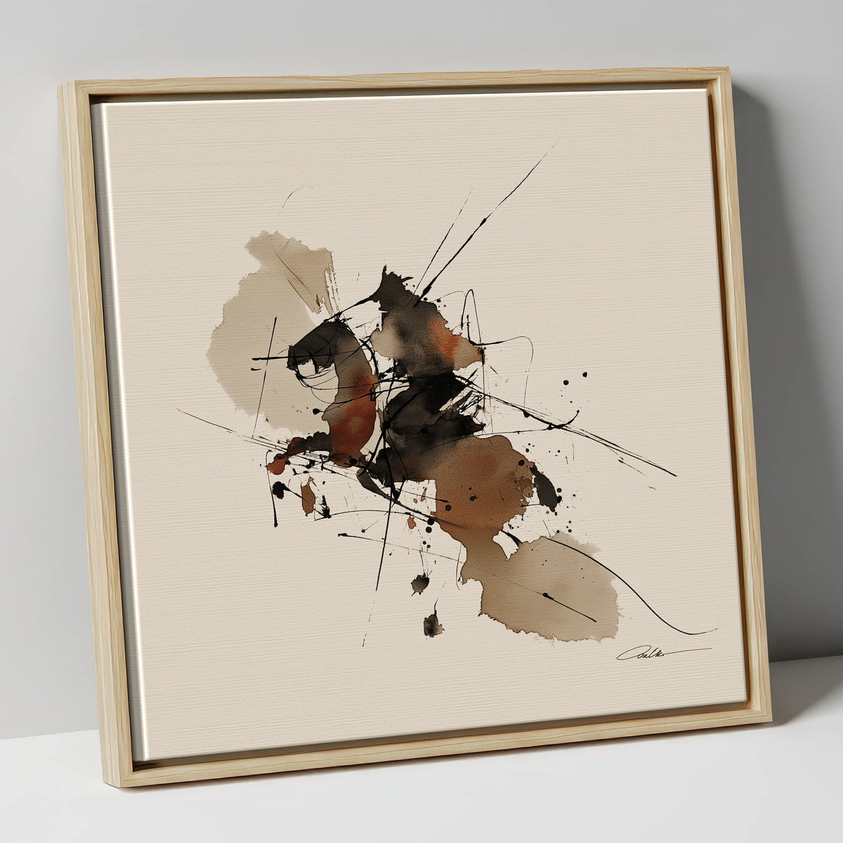 Abstract Sepia Ink Wash Horse horse portrait canvas wall art in natural frame