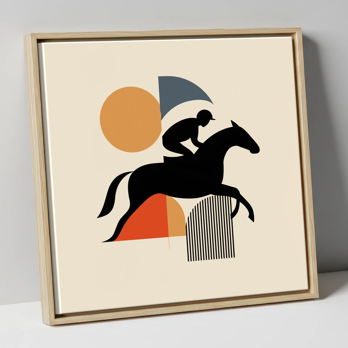 Mid-Century Racing Silhouette racing horse canvas wall art in natural frame
