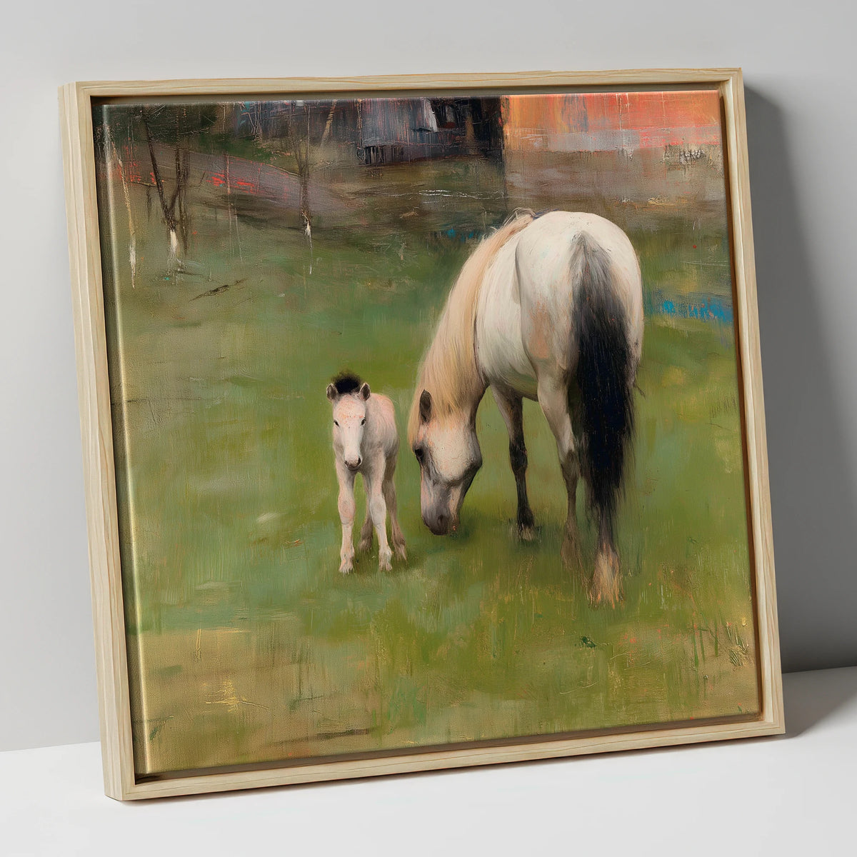 Quiet Pastoral Bond mare & foal canvas wall art in natural frame