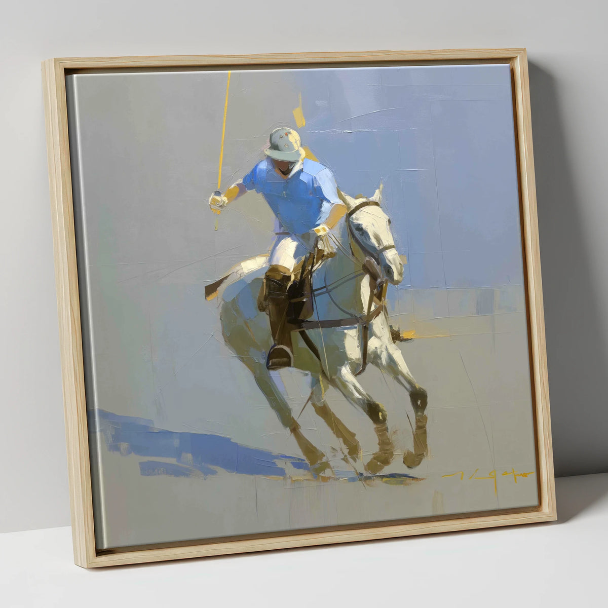 The Decisive Stroke polo horse canvas wall art in natural frame