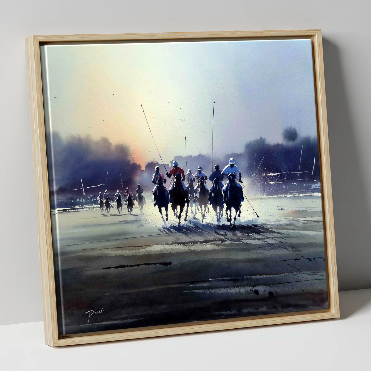 Thundering Polo Charge polo horse canvas wall art in natural frame