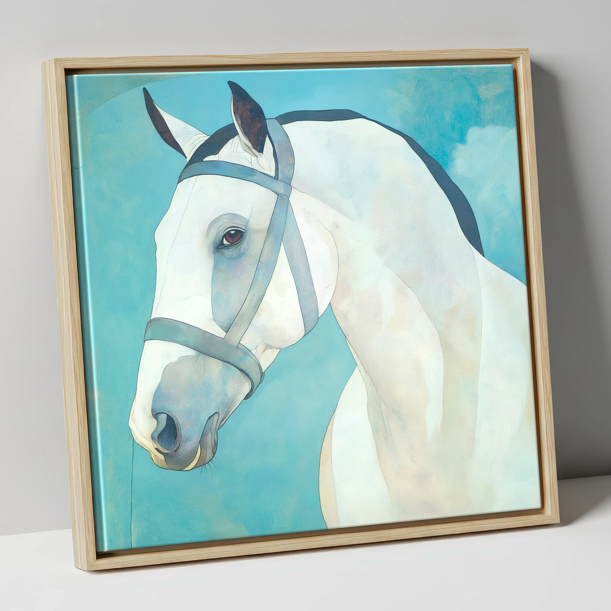 Serene Focus in Teal horse portrait canvas wall art in natural frame