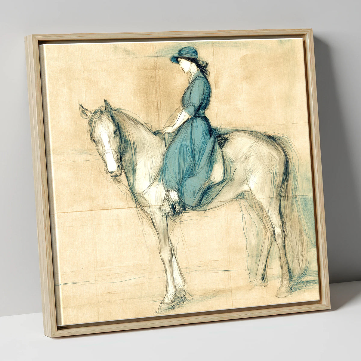The Lady in Teal horse & rider canvas wall art in natural frame