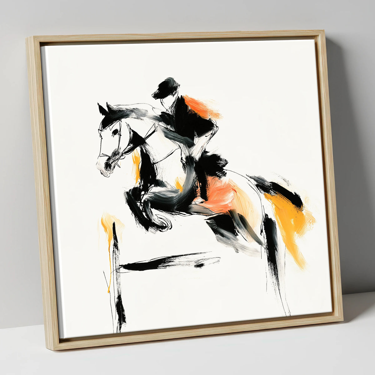 Charcoal and Amber Jumping Horse show jumping horse canvas wall art in natural frame