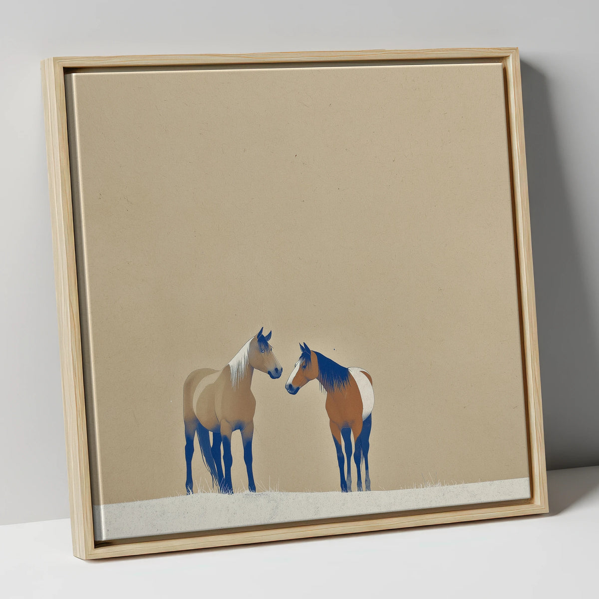 Minimalist Dun and Paint Horses wild horses canvas wall art in natural frame