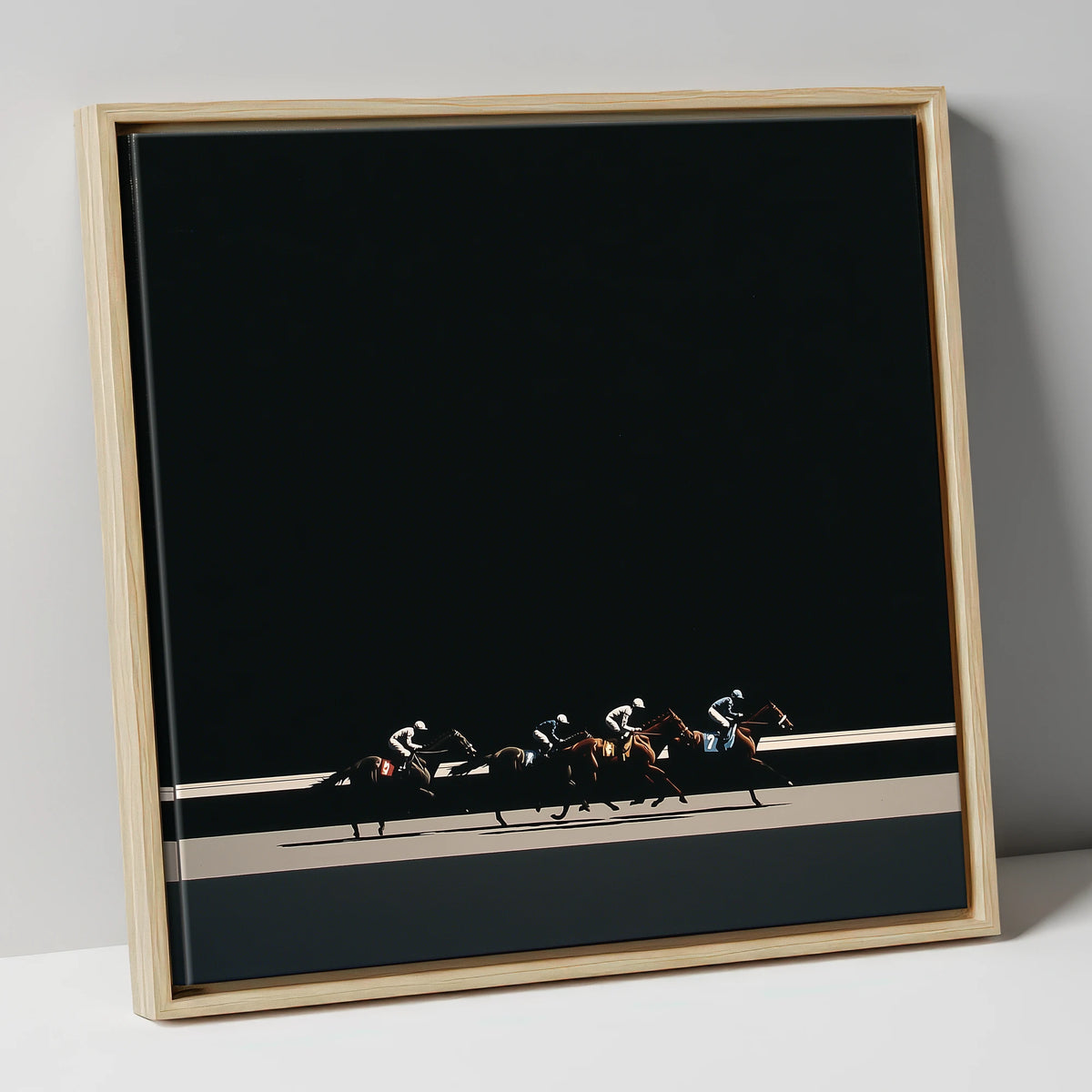 The Midnight Gallop racing horse canvas wall art in natural frame