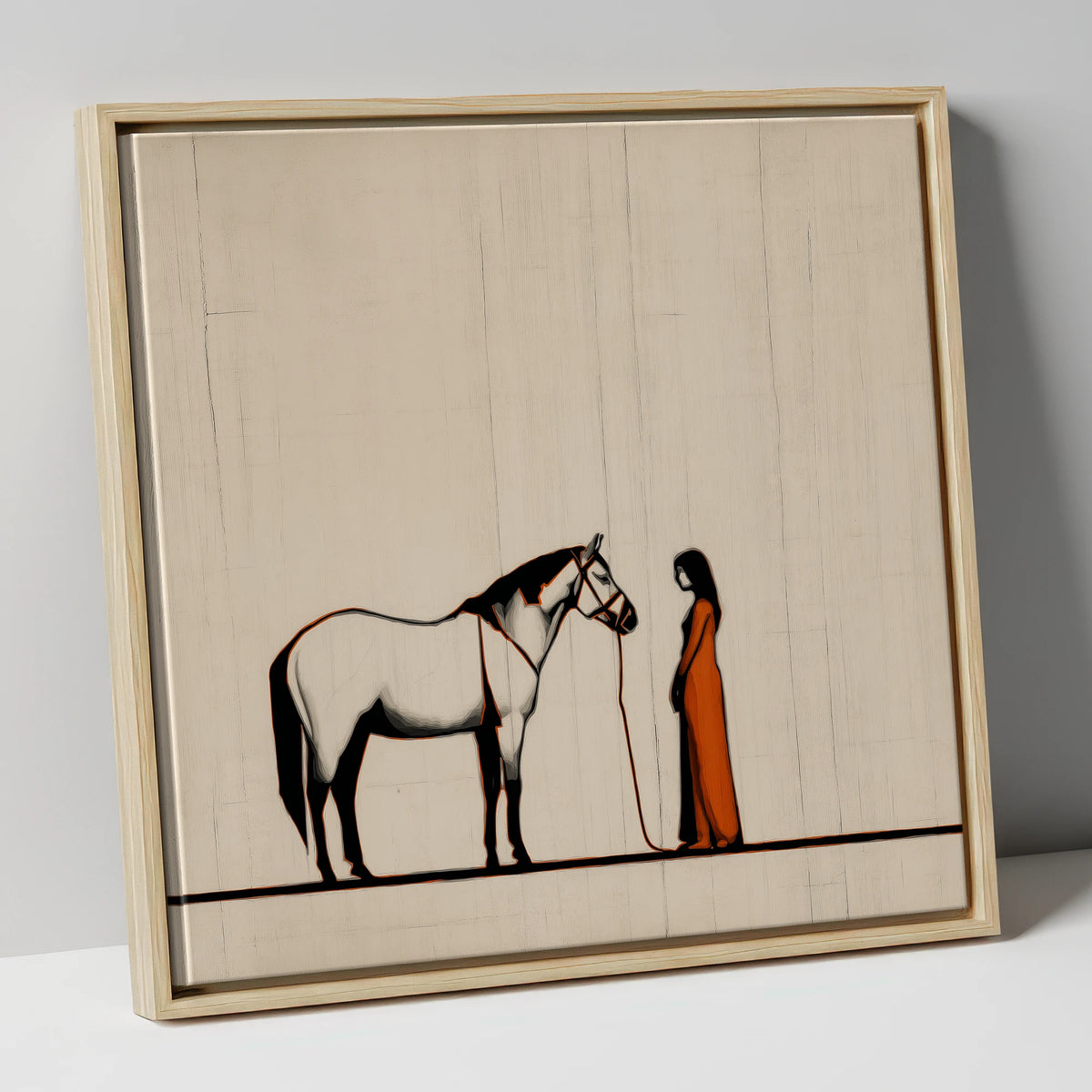 Minimalist Grey Horse and Handler horse & rider canvas wall art in natural frame